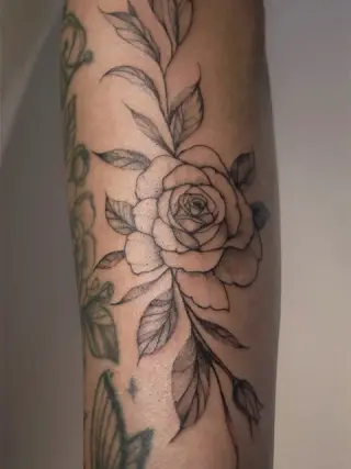 Róża z gałązką liści w delikatnym czarnym cieniowaniu na przedramieniu, obok widoczne inne tatuaże – tatuaż Oli, SHADY TATTOO Wieluń